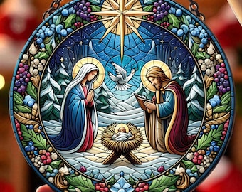 May include: A round stained glass Christmas ornament depicting the Nativity scene. The ornament features Mary and Joseph, a dove, and a star. The border is decorated with colorful berries and foliage, and is held by a silver chain.