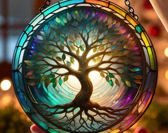 Tree of Life Stained Glass Suncatcher, Glass Wildlife Window Hanging, Spiritual Boho Decor, Memorial Window Decor, Remembrance Gift