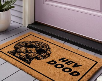 Funny Dog Doormat, Hey Dood Welcome Mat, Goldendoodle Front Door Rug, Doodle Lover Porch Decor, Cute Dog Owner Housewarming Gift For Home