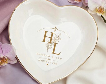 Personalized Wedding Ring Dish, Custom Initial Jewelry Holder, Heart Shaped Trinket Tray, Couples Keepsake, Bridal Shower Gift with Date