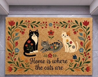 Cat Lover Doormat, Home Is Where The Cats Are Welcome Mat, Floral Cat Front Door Rug, Cute Kitty Porch Decor, Housewarming Gift For Cat Mom