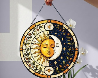 Celestial Sun And Moon Suncatcher, Stained Glass Window Hanging, Boho Celestial Ornament, Mystical Moon Decor, Astrology Lover Gift