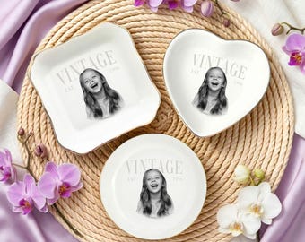 Personalized Vintage Photo Jewelry Dish, Custom Photo Birthday Ring Tray, Vintage 30th Birthday Gift, Ring Holder For Her
