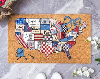 America Doormat, Patriotic Quilt American Map Door Mat, Independence Day Home Decor, Stars and Stripes Mat, 4th Of July Flag Entryway Rug