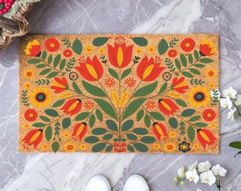 Floral Folklore Doormat,Tulip Folk Art Welcome Mat,Wildflower Front Door Mat,Boho Cottagecore Entryway Mat,Vintage Floral Coir Mat,Coir Mat