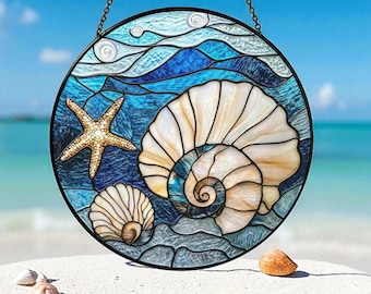 Seashell Stained Glass Suncatcher, Beach Window Hanging Decor, Coastal Ocean Sun Catcher, Summer Shell Window Suncatcher, Wall Decor