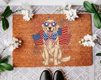 Golden Retriever 4th of July Doormat, Patriotic Dog Lover Outdoor Rug, American Flag Golden Dog Gift, America Entry Mat, Housewarming Gift