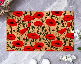 Floral Doormat, Colorful Poppy Welcome Mat, Bright Spring Porch Decor, Summer Outdoor Entry Rug, Cottagecore Housewarming Gift
