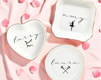 Personalized Sport Name Ring Dish Jewelry Tray, Custom Gift For Boyfriend, Son Or Sports Fan, Keepsake Catchall Dish