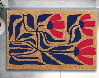 Retro Poppy Doormat, Boho Modern Gift for Home, Modern Botanical vintage Floral Welcome Mat, Porch Decor Gift, Mid-Century Porch Decor