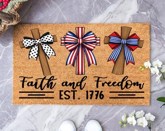 Faith and Freedom Doormat, 4th Of July Door Mat, Independence Day Home Decor, Stars and Stripes Outdoor Mat,Jesus Christian USA Entryway Rug
