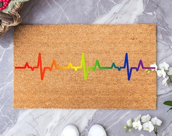 Rainbow Heartbeat Doormat, LGBTQ Outdoor Rug, Pride Month Gift, Social Justice Entry Mat, Equal Rights Home Decor, Housewarming Gift