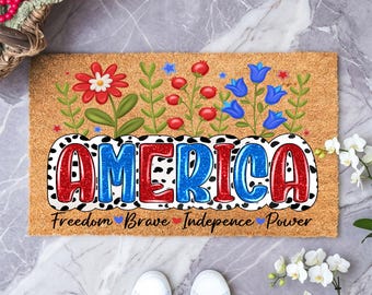 America Floral Doormat, USA Flowers Door Mat, Independence Day Home Decor, Stars and Stripes Mat, 4th Of July Flag Entryway Rug