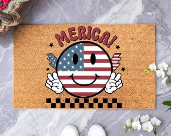 4th Of July Smiley Face Doormat, 4th Of July Door Mat,Independence Day Home Decor,Stars and Stripes Outdoor Mat,Peace Hand Sign Entryway Rug