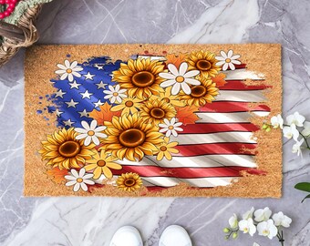America Sunflower Doormat, USA Flag Flowers Door Mat, Independence Day Home Decor, Stars and Stripes Mat, 4th Of July Flag Entryway Rug