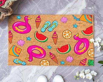 Summer Welcome Doormat, Flamingo Door Mat, Beach Vibes Home Decor, Watermelon Outdoor Mat, Beachy Entryway Accent