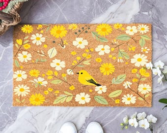Yellow Bird Floral Coir Doormat, Non-Slip Indoor Outdoor Entryway Mat,Cottagecore Daisy Welcome Mat,Spring Front Porch Mat,Housewarming Gift