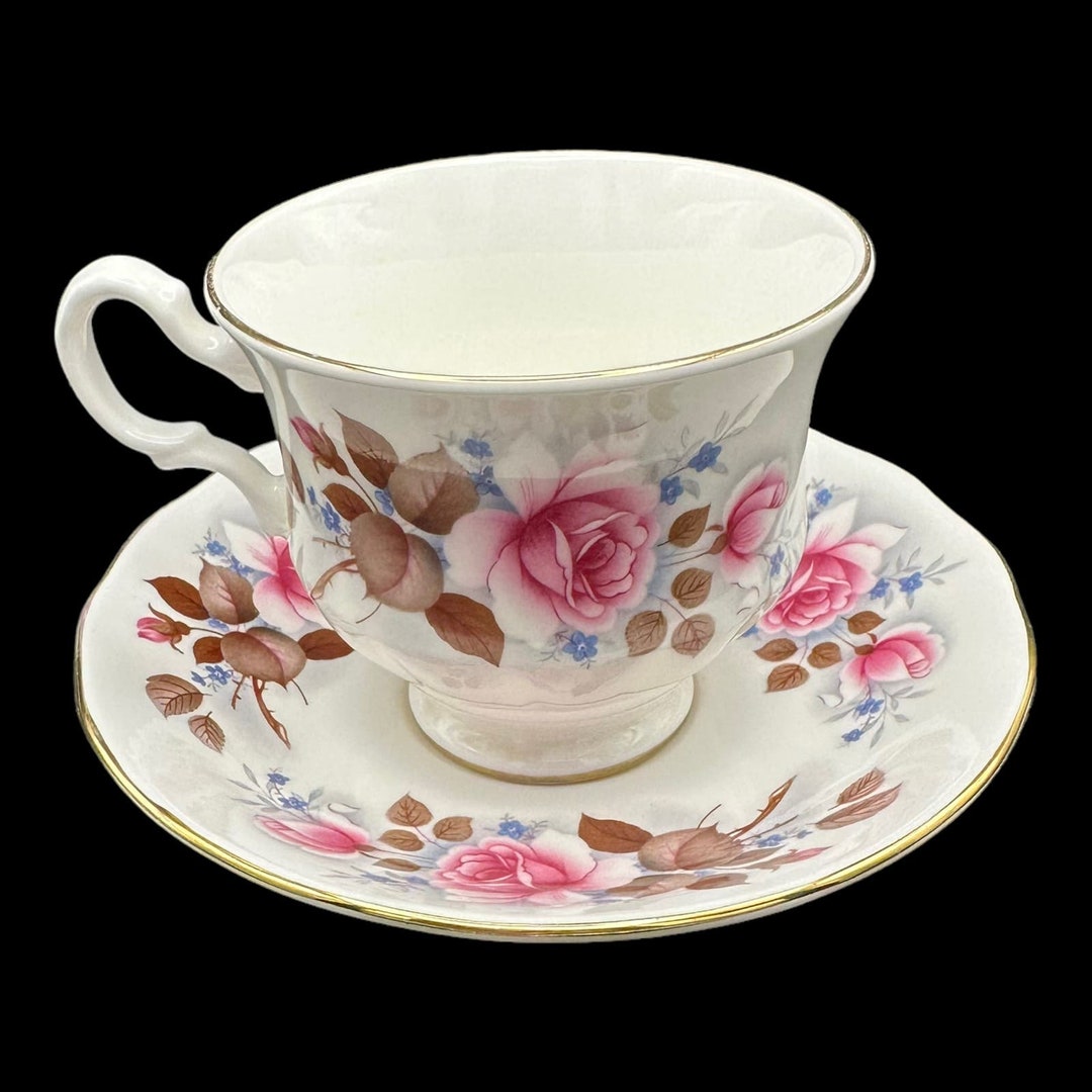 Footed Cup & Saucer Queen Anne Pattern 8521 Pink Roses Forget Me Nots ...