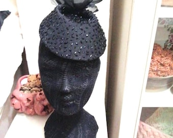 Hand made black voilette hat , Veil hat, Pill box bridal fascinator, special occasion/ ceremony hat