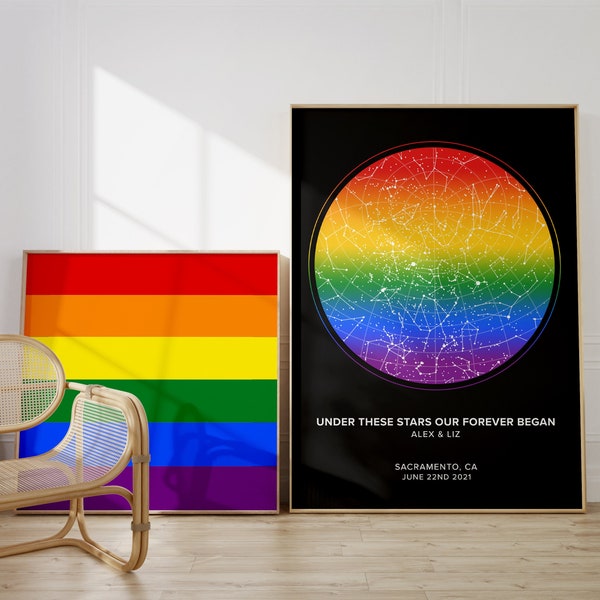 LGBT Custom Star Map By Date In Rainbow Pride Flag Colors, Personalized Gay Wedding Gift, Framed Night Sky Print For Lesbian Girlfriend