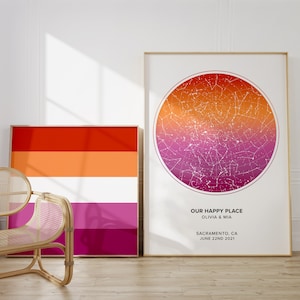 Carte des étoiles personnalisée par date, cadeau de mariage lesbien personnalisé, impression encadrée ciel nocturne pour anniversaire, cadeaux pour couples de lesbiennes