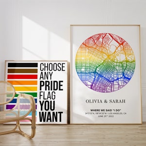 Cadeau de mariage gay, impression de carte personnalisée de n'importe quel endroit, carte-cadeau de fiançailles lesbiennes, cadeau d'anniversaire pour couple LGBTQ, cadeaux art queer