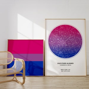 Carte d'étoile personnalisée de drapeau bisexuel par date, cadeau d'anniversaire bi personnalisé, impression encadrée de ciel nocturne pour l'anniversaire de mariage, cadeaux de couple bisexuel