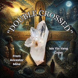 以下が含まれることがあります： エジプト風の人物像、風景、そして「DOUBLE CROSSED」、「From Ancestor Mine」、「Isis Yin Yang Cross」というテキストが描かれた芸術的な背景の中央に配置された、透明な多尖水晶クラスター。左右対称の構図。