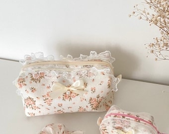 Aurora Makeup Bag - Handmade Makeup Bag - Floral Makeup Bag With Ruffles - (Note: scrunchie and the mini bag are sold separately)