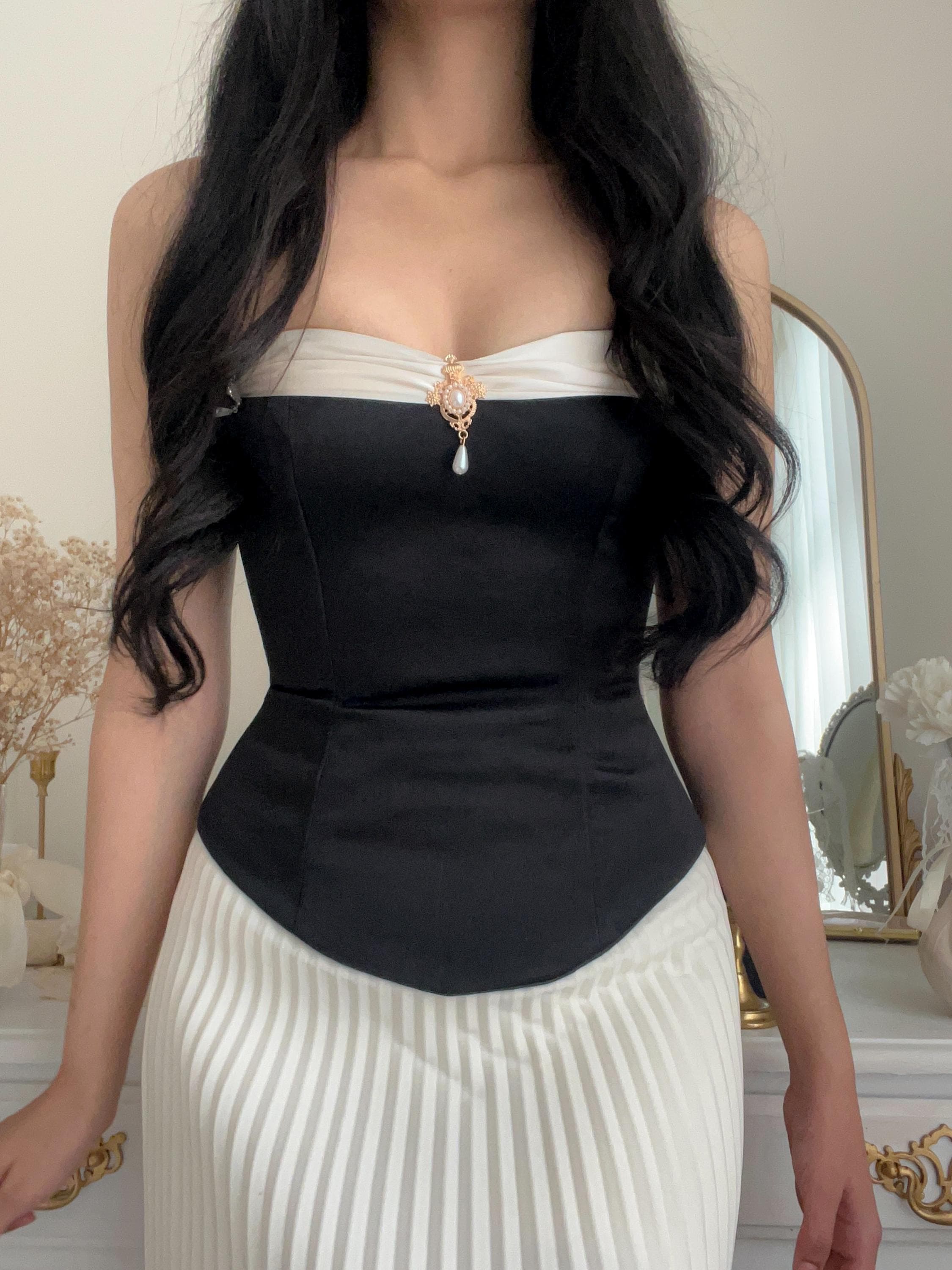 Anastasia Corset Top - Black Satin Corset With Lace up Back and