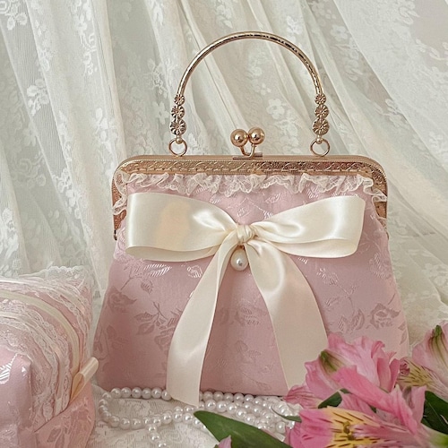 Rose Pink Jacquard Celestine Bag - Handmade Clasp Bag - Handbag