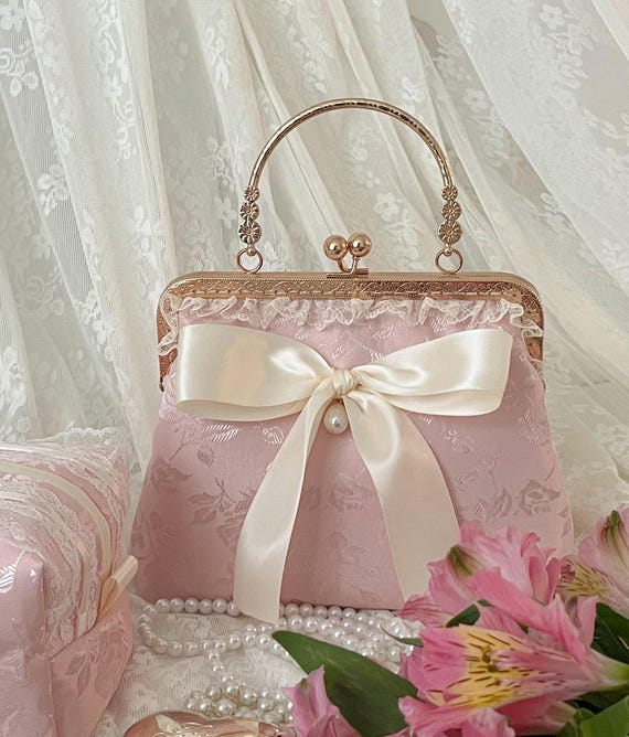 Rose Pink Jacquard Celestine Bag - Handmade Clasp Bag - Handbag