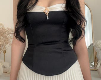 Anastasia Corset Top - Black Satin Corset With Lace up Back and