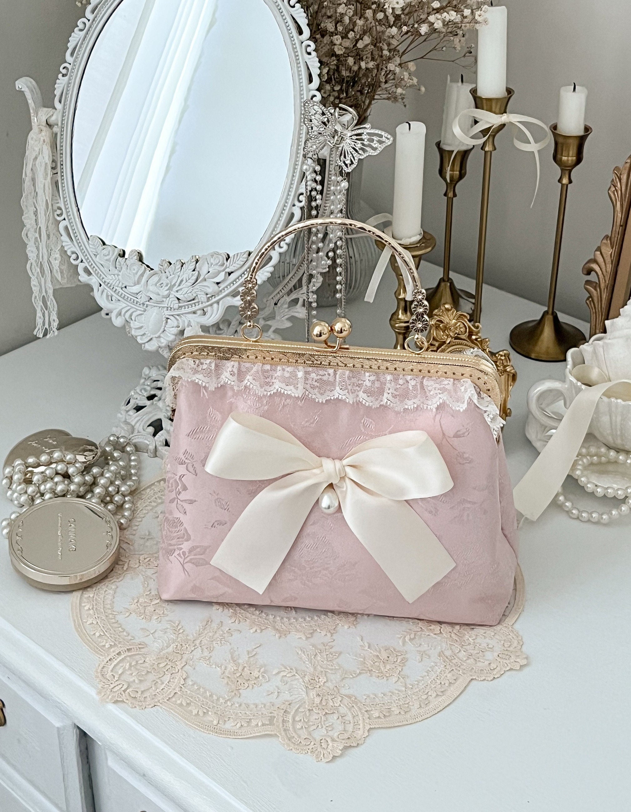 Rose Pink Jacquard Celestine Bag - Handmade Clasp Bag - Handbag