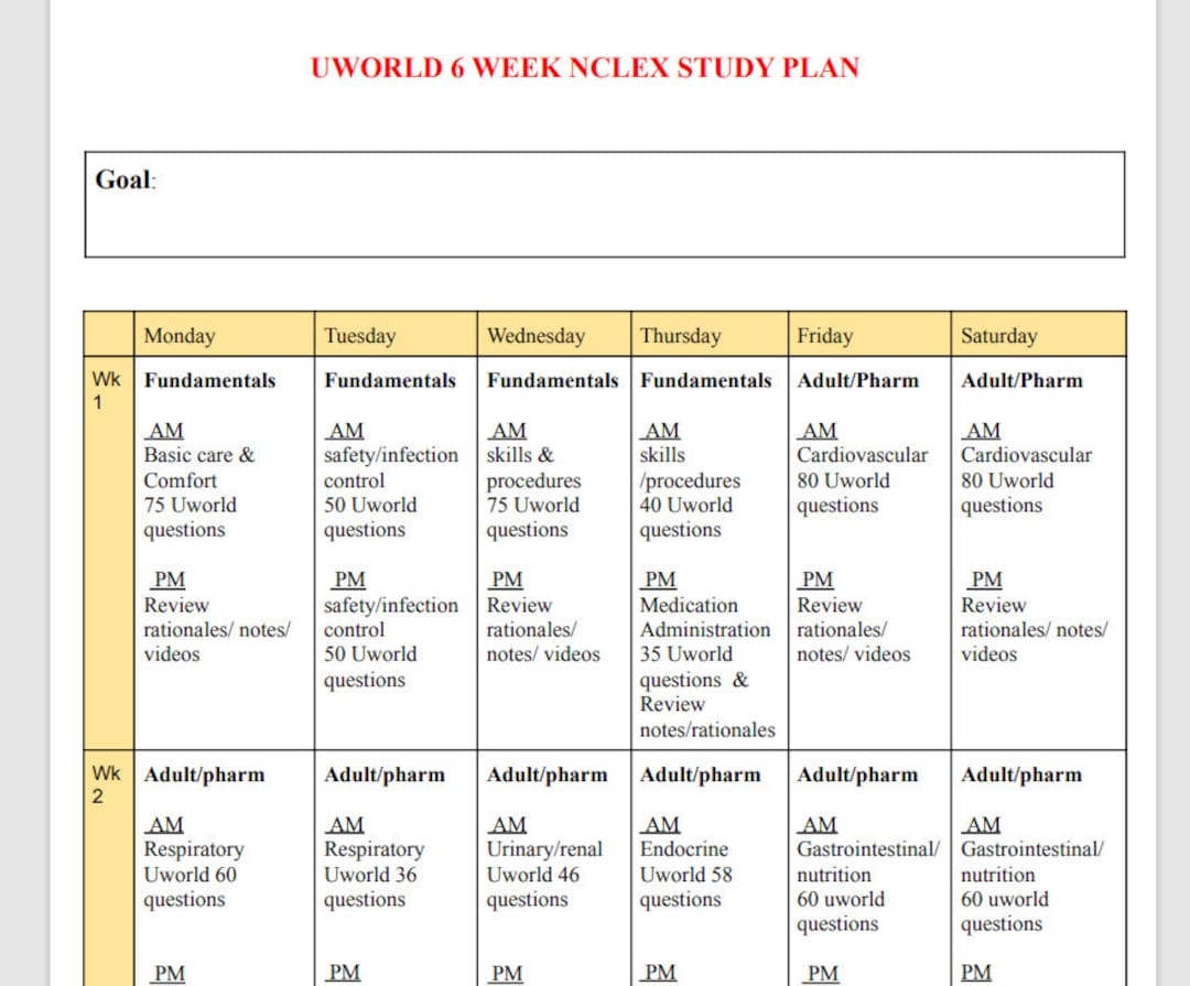 6 Week NCLEX Study Plan uworld 3page Etsy