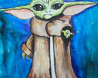 Original watercolor Grogu-Baby Yoda-Mandalorian