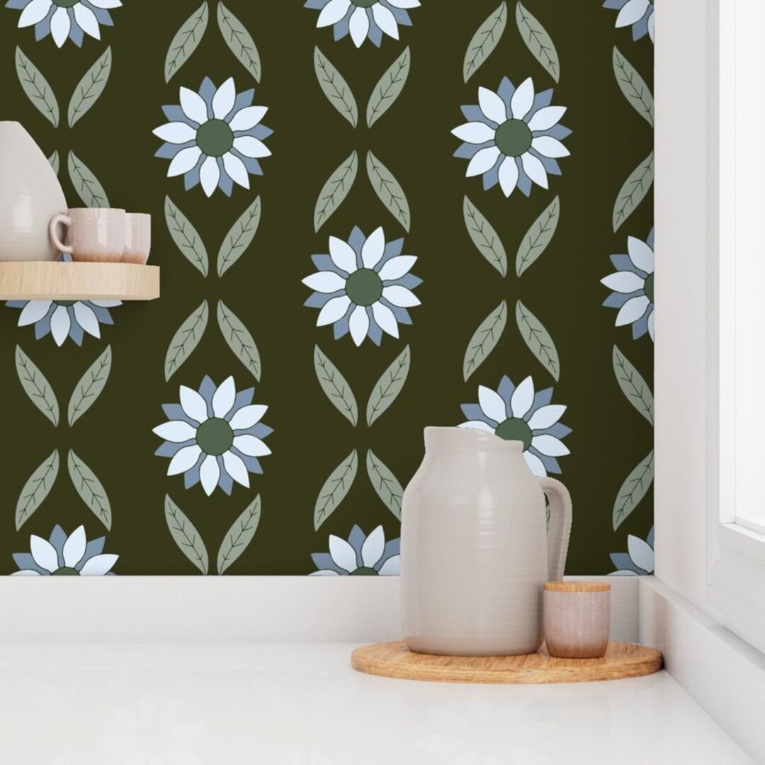 Art Deco Wallpaper Floral Stripe on Deep Green Prepasted Smooth or Peel