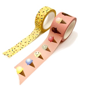 Ice Cream Party Washi Tape Set - Ice Cream Cones (25mm) - Yellow Confetti (15mm) - Summer Fun Treat Planner Journal Decoration