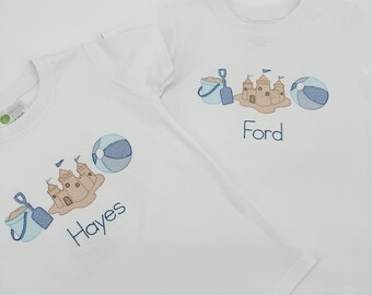 Summer Shirt, Boys Beach Shirt, Vintage Sketch Shirt, Sand Castle Embroidery