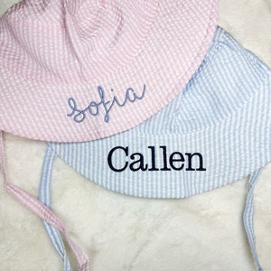 Embroidered Swim Hat with Name | Kids Sun Hat | Baby Swim Hat | Pink Stripe Seersucker Pool Hat | Floppy Beach Hat Personalized image 8