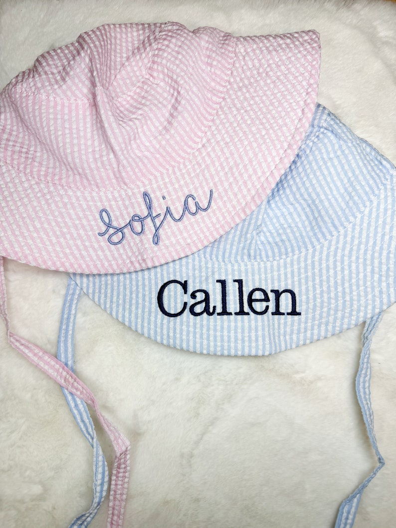 Embroidered Swim Hat with Name | Kids Sun Hat | Baby Swim Hat | Pink Stripe Seersucker Pool Hat | Floppy Beach Hat Personalized image 8