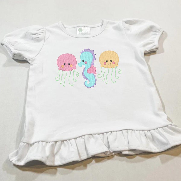 Sea Creatures Monogram Shirt. Embroidered Girl Beach Outfit. Girl Summer Embroidered Shirt