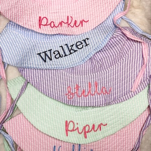 Embroidered Swim Hat with Name | Kids Sun Hat | Baby Swim Hat | Pink Stripe Seersucker Pool Hat | Floppy Beach Hat Personalized image 2