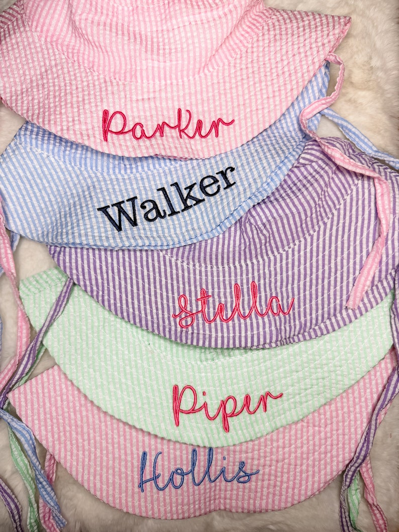 Embroidered Swim Hat with Name | Kids Sun Hat | Baby Swim Hat | Pink Stripe Seersucker Pool Hat | Floppy Beach Hat Personalized image 2