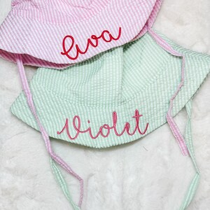 Embroidered Swim Hat with Name | Kids Sun Hat | Baby Swim Hat | Pink Stripe Seersucker Pool Hat | Floppy Beach Hat Personalized image 3