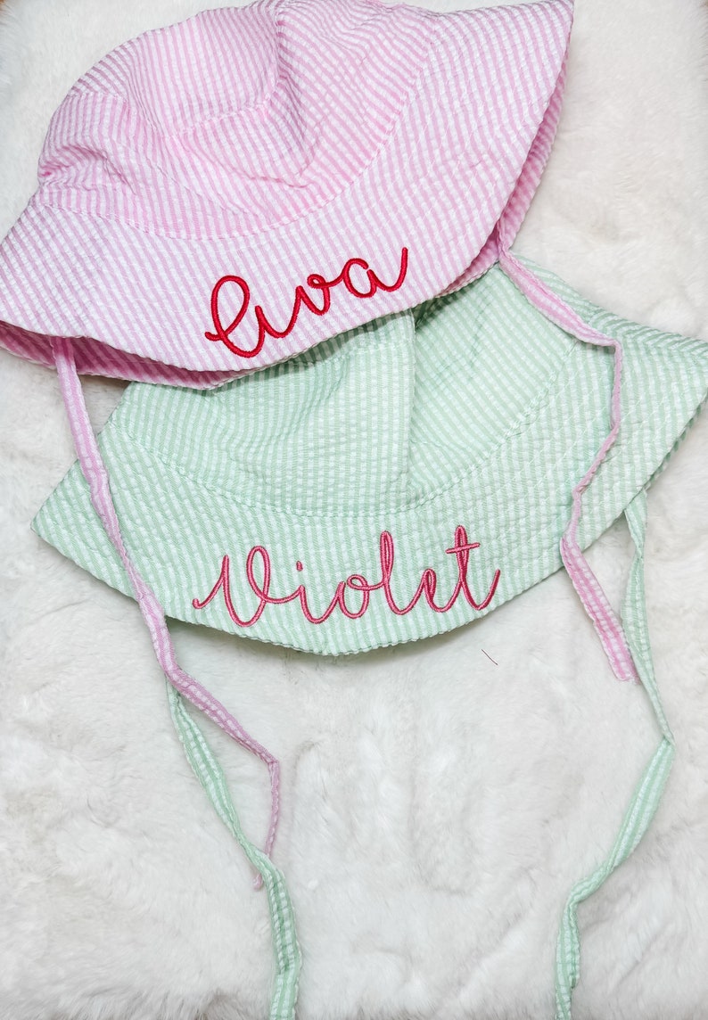 Embroidered Swim Hat with Name | Kids Sun Hat | Baby Swim Hat | Pink Stripe Seersucker Pool Hat | Floppy Beach Hat Personalized image 3