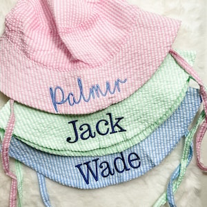 Embroidered Swim Hat with Name | Kids Sun Hat | Baby Swim Hat | Pink Stripe Seersucker Pool Hat | Floppy Beach Hat Personalized