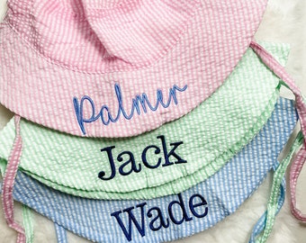 Embroidered Swim Hat with Name | Kids Sun Hat | Baby Swim Hat | Pink Stripe Seersucker Pool Hat | Floppy Beach Hat Personalized