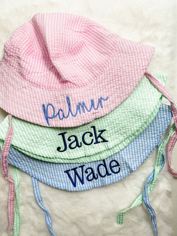 Embroidered Swim Hat with Name | Kids Sun Hat | Baby Swim Hat | Pink Stripe Seersucker Pool Hat | Floppy Beach Hat Personalized