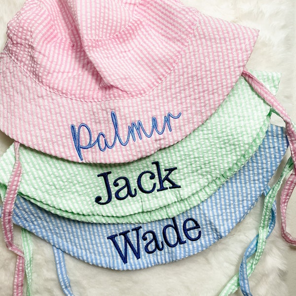Embroidered Swim Hat with Name | Kids Sun Hat | Baby Swim Hat | Pink Stripe Seersucker Pool Hat | Floppy Beach Hat Personalized